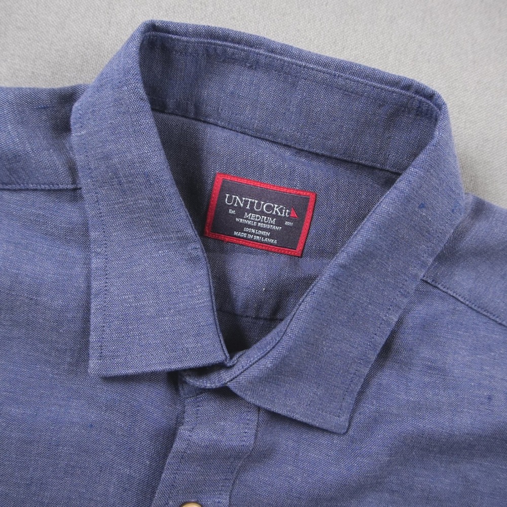 UNTUCKit Linen Cameron Navy Short Sleeve Button Up Shirt Mens M Vacation Summer
